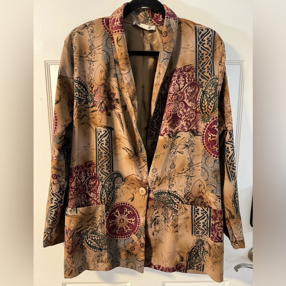 Kensington Square Vintage Floral Print Oversized Long Single Button Blazer